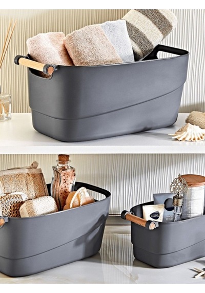 3'lü Set Ahşap Kulplu Banyo,mutfak,çekmece İçi Düzenleyici Retro Sepet Antrasit