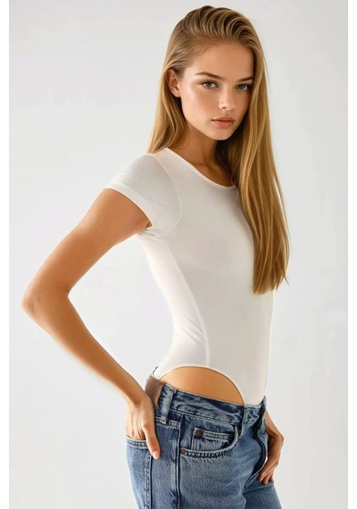 Hiccup Dar Kesim Dikey Yaka Örme Bodysuit Beyaz