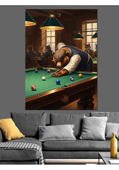 Bilardo Masasında Düşünen Ayı Figürü Dekoratif Kanvas - Mdf Ahşap Tablo