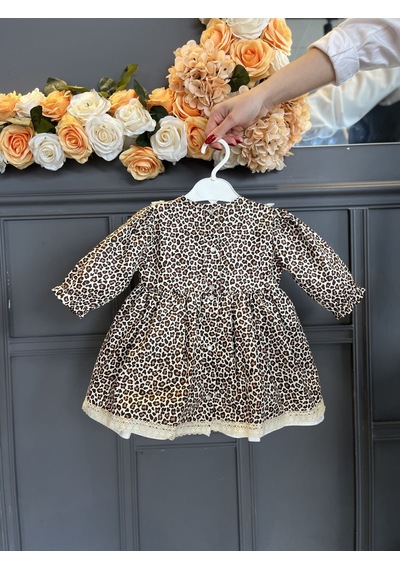 Dantel Detaylı Leopar Desenli Pamuklu Kız Çocuk Bebek Elbise 001
