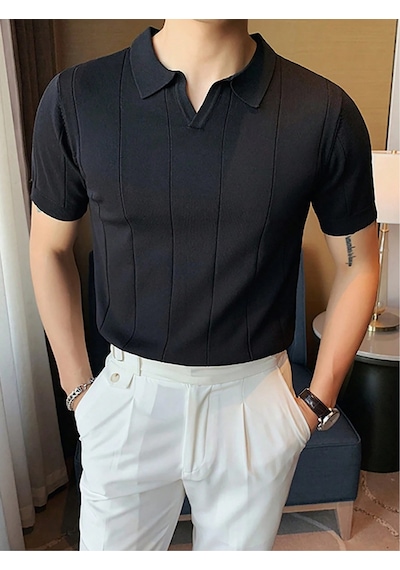 Erkek Çizgili Kısa Kollu Triko T-shirt Siyah