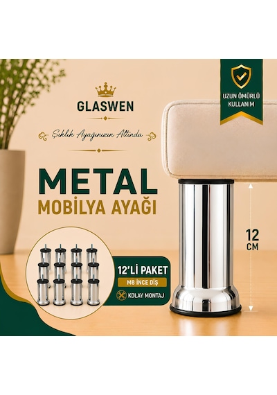 12 Adet Metal Destek Ayağı 12 Cm Krom Mobilya Kanepe Baza Koltuk Ünite Ayakları Metrik 8 Civatalı İnce Diş