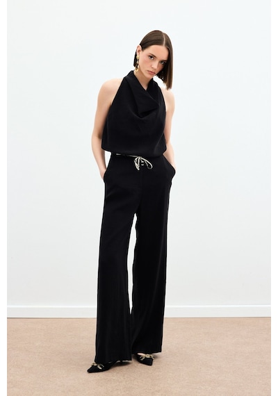 Sateen Örgü Kemerli Pantolon - Siyah-136168 Siyah