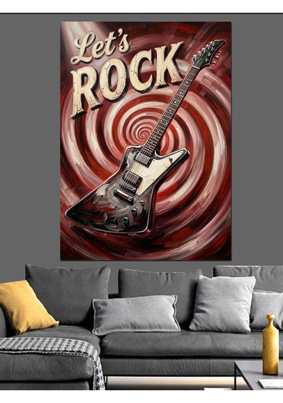 Let's Rock Yazılı Gitar Ve Girdap Dekoratif Kanvas - Mdf Ahşap Tablo
