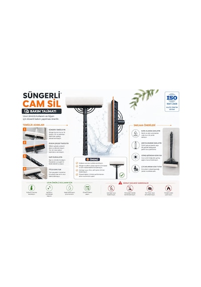 Süngerli Cam Sil Çift Taraflı Silikon Çekçekli Cam Temizleme Aparatı İz Bırakmayan Cam, Ayna, Duşakabin Ve Araç Camı Temizleyici Cam Silme Mopu Çek Pas