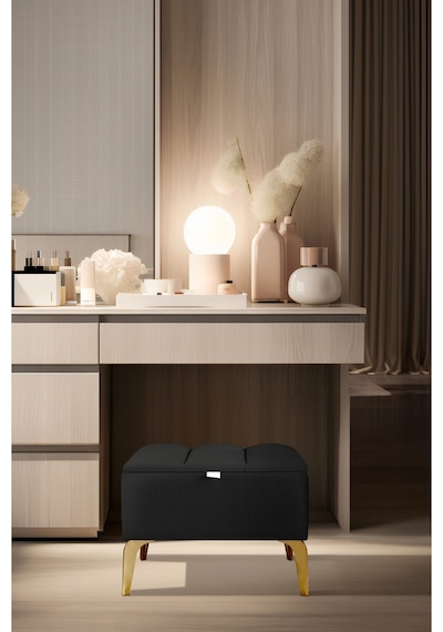 Vetra Mini Royal Siyah Kumaş Sandıklı Dekoratif Puf&bench-dilimli Model-gold Ayak-modern Puf