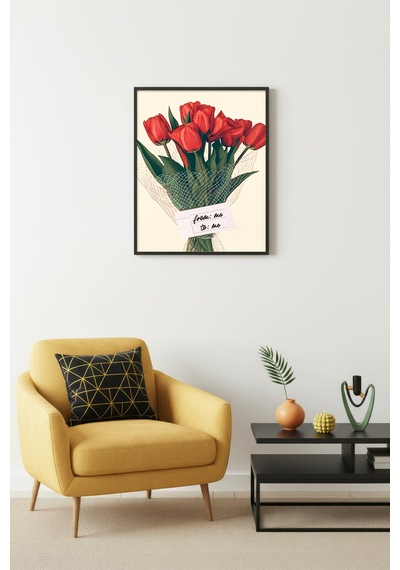 Doğal Ahşap Çerçeveli Retro Tablo - Kırmızı Lale Çiçek Desenli Huhu2795