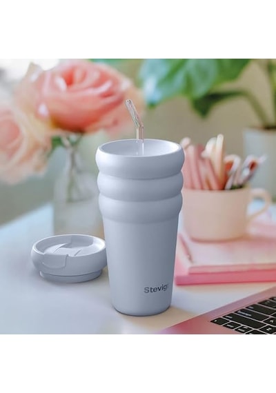 3 Bubble Two-cap Straw Tumbler Çelik Termos 600 Ml Zen Blue St-246 Açık Bej