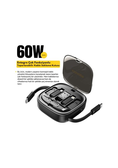 Essager 7in1 60w Çekilebilir Type C, Micro, Apple Uyumlu iPhone  Lightning Kablolu, Dönüştürücü, Sim Aparatlı Seyahat Seti