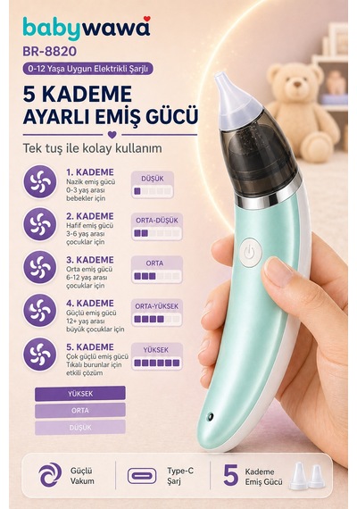 Babywawa Br-8820 0-12 Yaş Şarjlı Bebek Burun Aspiratörü 5 Kademe Güçlü Vakum