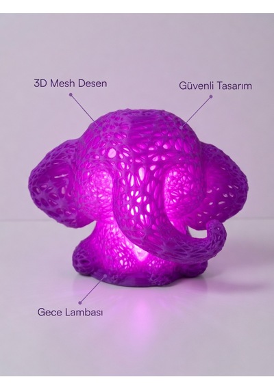 Sevimli Fil Çocuk Odası Gece Lambası 3d Tasarım Led Işıklı Masaüstü Mesh Dekor Hediyelik Mor