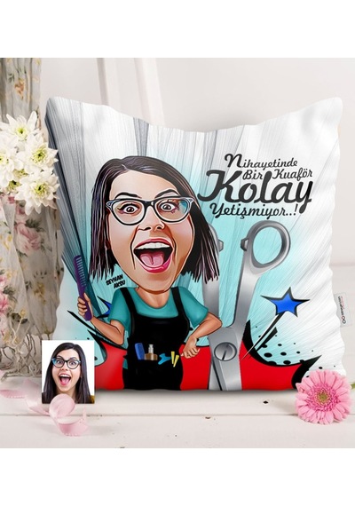 Kişiye Özel Bayan Kuaförü Karikatürlü Saten Yastık - 1