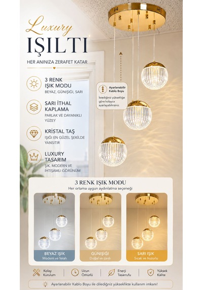 World Gold Sarı Kaplama 3 Renk Işıklı Led Avize Üçlü Sarkıt Salon Avizesi