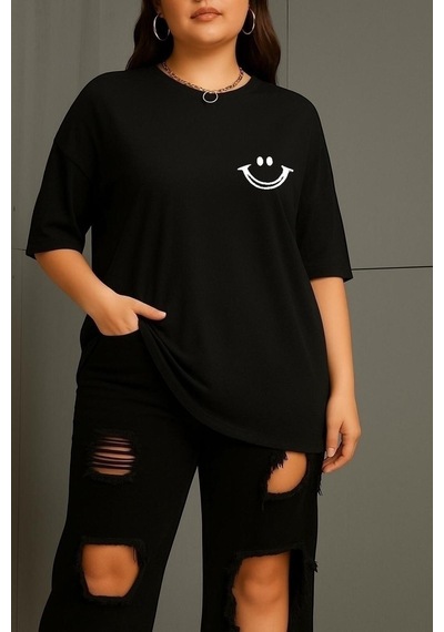 Büyük Beden Gülücük Baskılı Unisex Tişört SIYAH