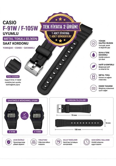Casio F-91w F-105w Uyumlu Metal Tokalı Silikon Saat Kordonu Siyah