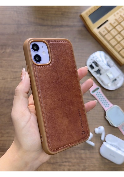 Apple iPhone 11 Uyumlu Premium Deri Dokulu Darbelere Karşı Dayanıklı Nazal Silikon Kılıf Kahverengi