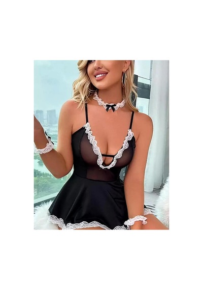 Mentra Online Şık Fiyonklu Tüllü Dantelli Hizmetçi Babydoll Gecelik Asorti