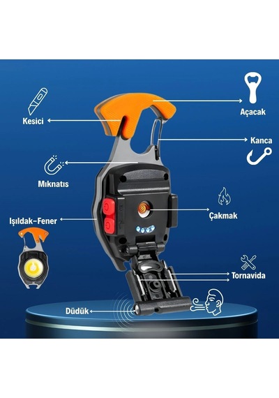 7 Fonksiyonlu Şarjlı Led El Feneri, Mıknatıslı, Kancalı, Tornavidalı, Kesicili Ve Açacaklı, Çakmaklı