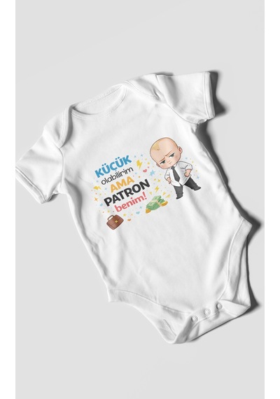 Morivokids Küçük Olabilirim Ama Patron Benim Kısa Kollu Bebek Body Beyaz