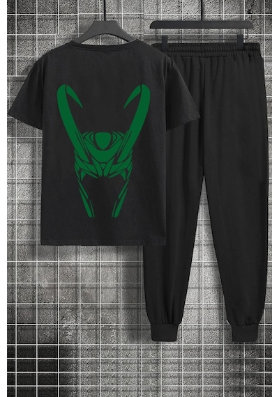 Uyguntarz Unisex Floki Baskılı 2'li Eşofman Takımı Siyah