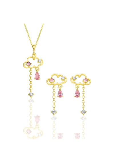 Gümüş Altın Yaldızlı Pembe Zirkon Taşlı Bulut Kolye Ve Küpe İkili Set Barcode Pembe Altın