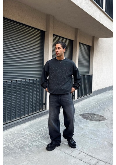 Flaw Eskitme Detay Çizgili Baggy Jean Siyah Siyah