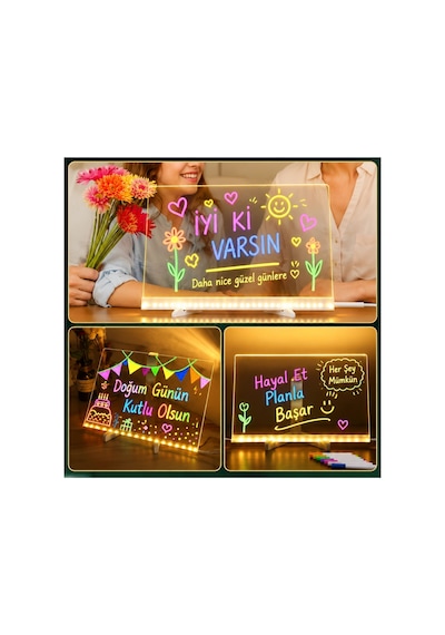 Yazı Çizim Tahtası Led Işıklı 20x30 Cm 7 Kalem Ve Stant Hediyeli Neon Işıklı Eğitici Not Tahtası Şeffaf