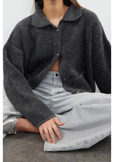 Ersefa Kadın Modern Tarz Oversize Polo Yaka Regular Triko Hırka Antrasit