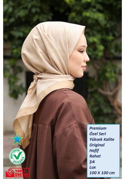 Eşarp - Premium Lux Original Monogram Eşarp İpek Vual, Yüksek Kalite, Hafif, Rahat, Şık, Scarf Altın