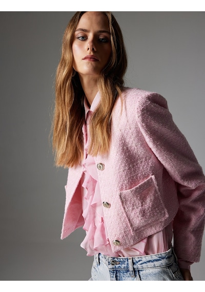 Koton Crop Tüvit Ceket Gold Düğmeli Cep Detaylı Pembe 4sak50079pw 4SAK50079PW282 Gül