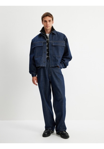 Koton Oversize Kot Ceket Crop Boy Kapaklı Cep Detaylı Pamuklu Koyu İndigo 5wam50019ıd İndigo