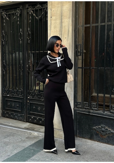 Meecy Gömlek Yaka Fiyonk Detaylı Alt Üst Triko Black Black