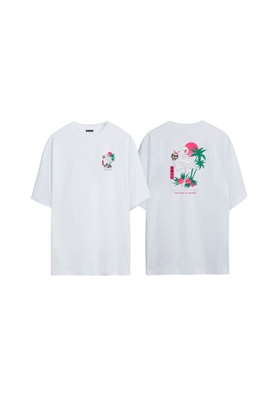 Thewert Unisex Japon Filamingo Ön Arka Baskılı Beyaz Oversize T-shirt