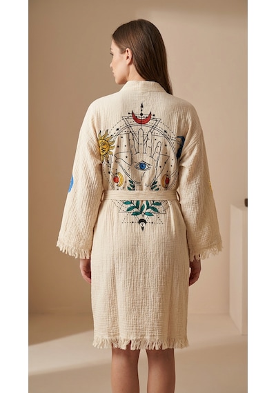 Varol Organik %100 Pamuk Kimono Yaka Sabahlık Bornoz - Solyra Krem