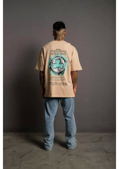 Erkek Sırt Baskılı T-shirt - Bej