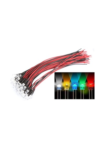 12V 5Mm Şeffaf Led 20Cm Kablolu 5Mm Şeffaf Kırmızı