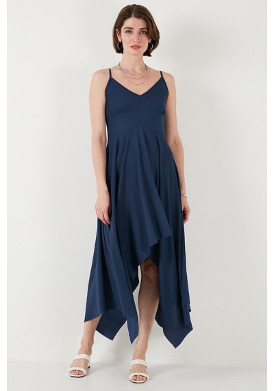Lela Asimetrik Kesim Regular Fit Midi Boy Askılı V Yaka Bayan Elbise 5866131 Indigo