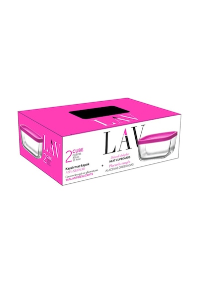 Lav Cube Cam Saklama Kabı 2'li Küçük Boy 405 ml Dikdörtgen Pembe Plastik Kapaklı (Kahvaltılık )
