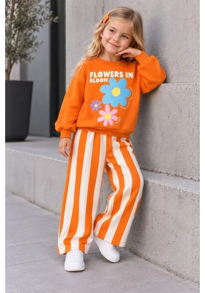Veraura Lifestyle 3-10 Yaş Çiçek Baskılı 3 İplik Şardonlu Cool Çocuk Takımı Turuncu