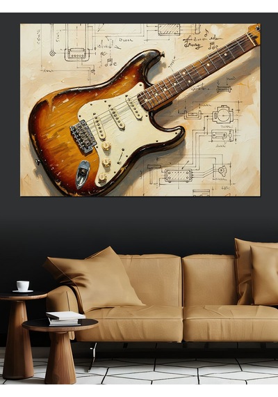 Gitar Ve Notalar Sanat Dekoratif Kanvas - Mdf Ahşap Tablo