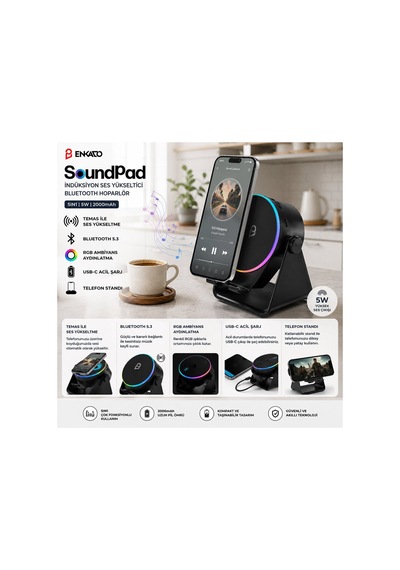 Enkado Ekd-s10 Soundpad Bluetooth Hoparlör 5'i 1 Arada 5w 2000 Mah - Siyah İndüksiyon Ses Yükseltici