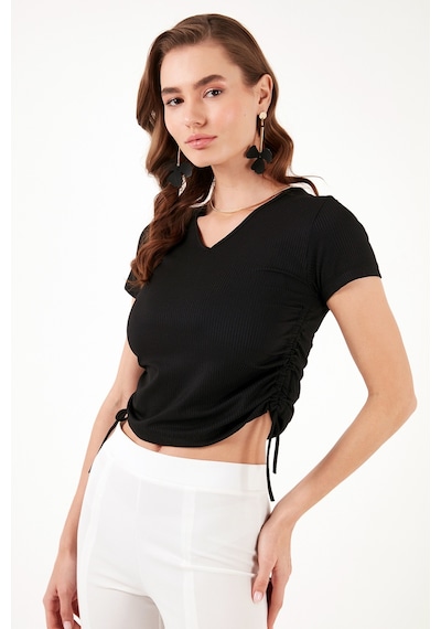 Lela Slim Fit V Yaka Yanları Büzülebilir Bayan Bluz 5864011 Siyah