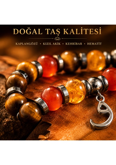Destekleyici Balgami Doğal Taş Bileklik Kaplangözü, Kehribar & Kızıl Akik