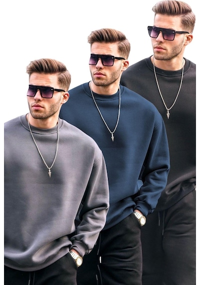 Madmext Füme/lacivert/siyah Bisiklet Yaka Oversize Şardonlu Basic Erkek 3'lü Paket Sweatshirt E7448 Füme/siyah/lacivert