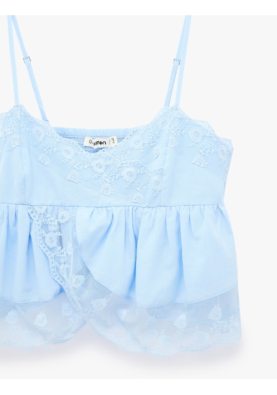 Koton Pamuklu Kruvaze Yaka Kolsuz Dantel Detaylı Crop Top Mavi 6sal60062ıw