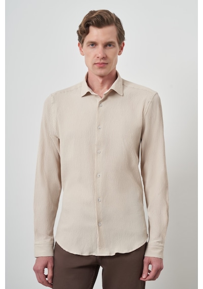 Morven Erkek Bej Gofre Trend Desenli Dynamic Fit İtalyan Yaka Gömlek 25ms004023653 Bej