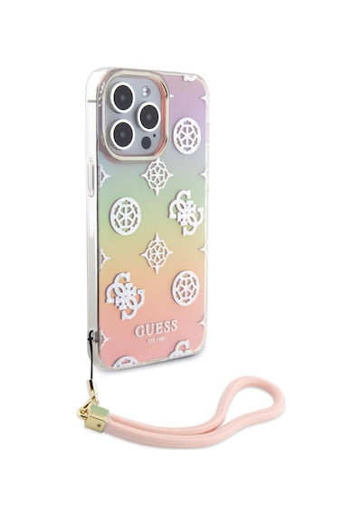 Apple Uyumlu iPhone 15 Pro Kılıf Guess Lisanslı Yazı Logolu Askı İpli Holografik Glitter Peony