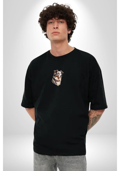 Australian Shepherd Köpek Siyah Oversize Unisex Ön Orta Minimal Baskılı Tişört Siyah