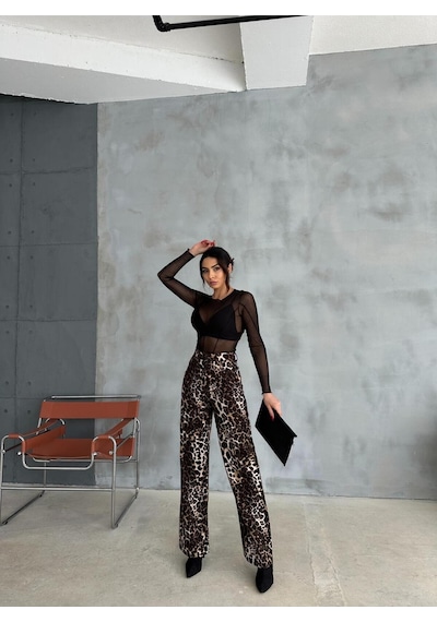 Zeo Basic Wide-leg Pantolon Leopar Desenli Kahverengi