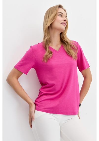 Kadın V Yaka Flamlı Kumaş Basic Tshirt Fuşya Fuşya